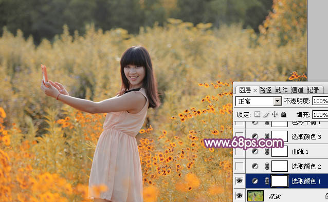 photoshop将偏暗野花中的美女图片调制出纯美的淡黄色