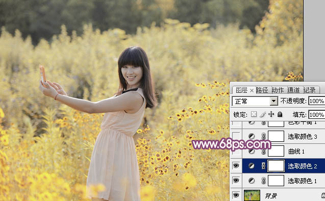 photoshop将偏暗野花中的美女图片调制出纯美的淡黄色