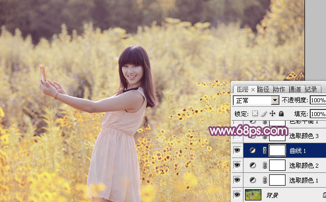 photoshop将偏暗野花中的美女图片调制出纯美的淡黄色