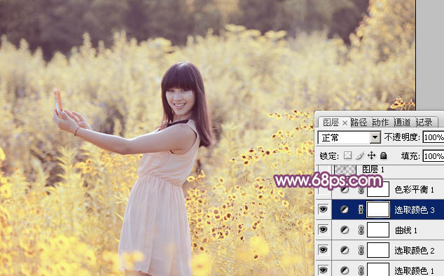 photoshop将偏暗野花中的美女图片调制出纯美的淡黄色
