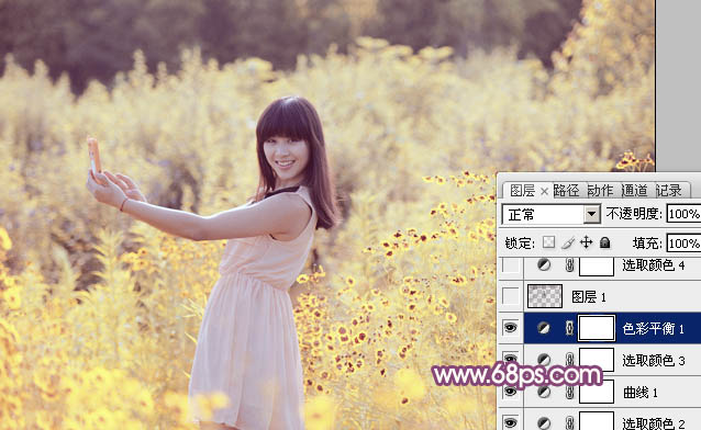 photoshop将偏暗野花中的美女图片调制出纯美的淡黄色