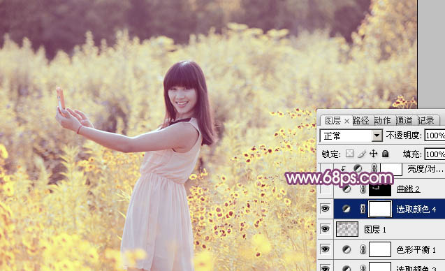 photoshop将偏暗野花中的美女图片调制出纯美的淡黄色