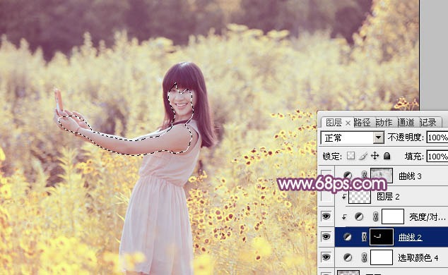 photoshop将偏暗野花中的美女图片调制出纯美的淡黄色