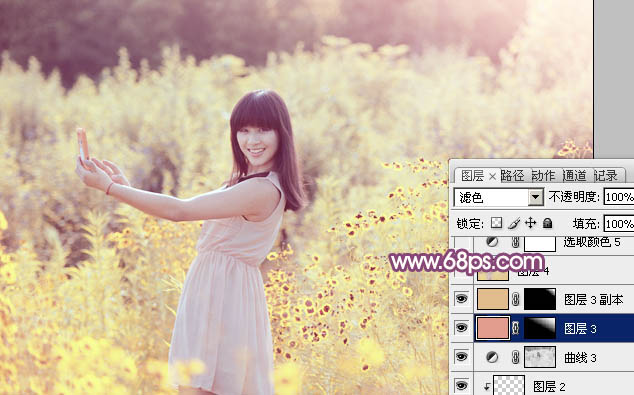 photoshop将偏暗野花中的美女图片调制出纯美的淡黄色
