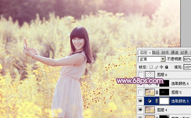 photoshop将偏暗野花中的美女图片调制出纯美的淡黄色