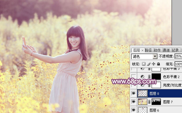 photoshop将偏暗野花中的美女图片调制出纯美的淡黄色