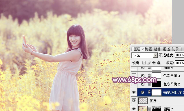 photoshop将偏暗野花中的美女图片调制出纯美的淡黄色