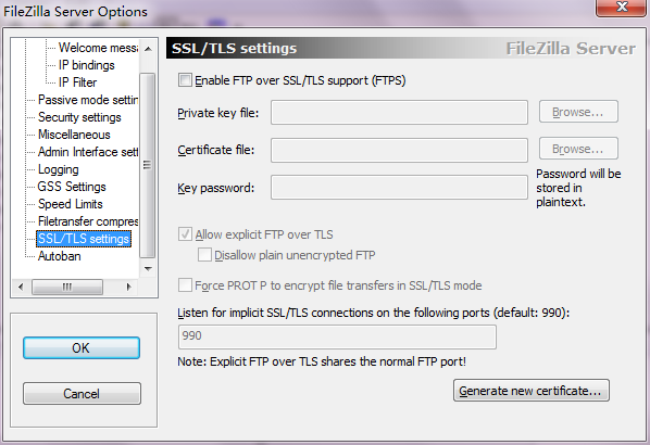 filezilla server配置ssl/tls