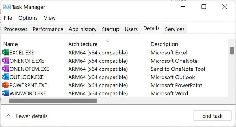 微软推出全新 win11 arm to x86 兼容层 prism,转译效率提高 20% task manager showing office apps running in arm64 emulation compatible mode