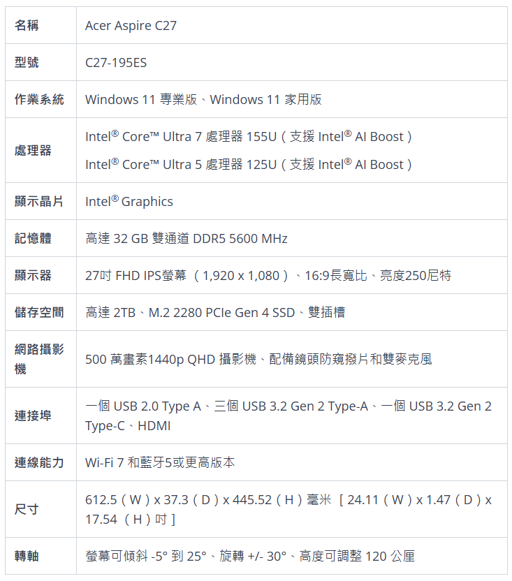 27 寸版参数