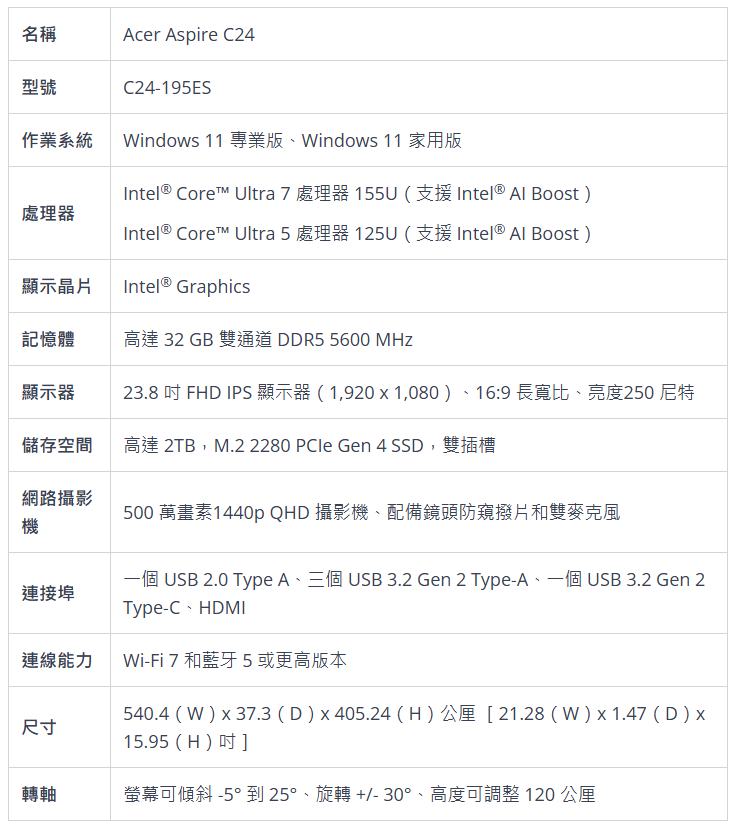 23.8 寸版参数