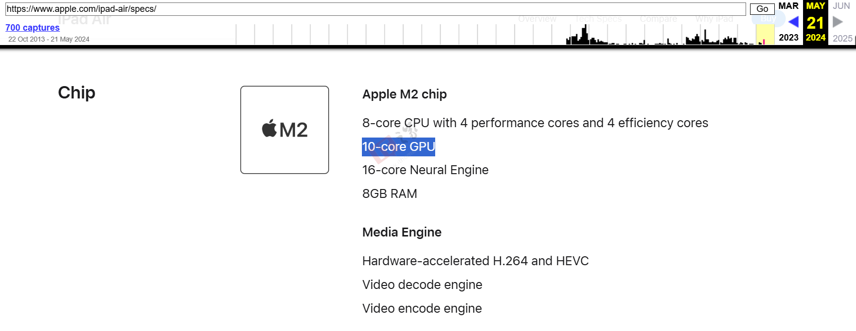 10 核变 9 核 gpu 版 m2 芯片,2024 款苹果 ipad air 官网技术规格更新 美国官网旧信息