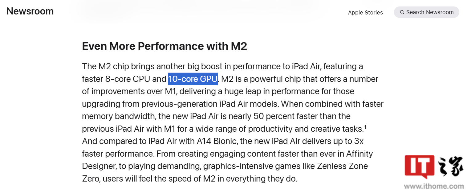 10 核变 9 核 gpu 版 m2 芯片,2024 款苹果 ipad air 官网技术规格更新 英文新闻稿