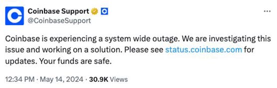 coinbase遭遇全面系统故障！官方：用户资金安全无虞