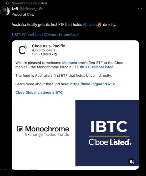澳洲比特币现货etf上市首日惨淡！ibtc仅净流入1枚btc