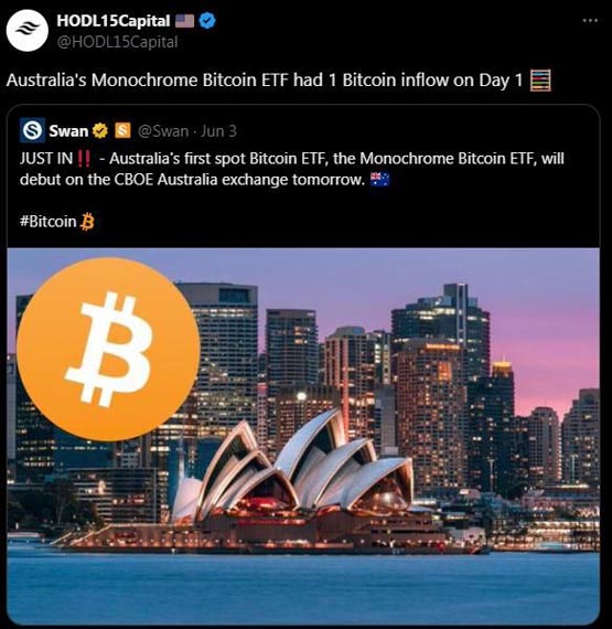 澳洲比特币现货etf上市首日惨淡！ibtc仅净流入1枚btc