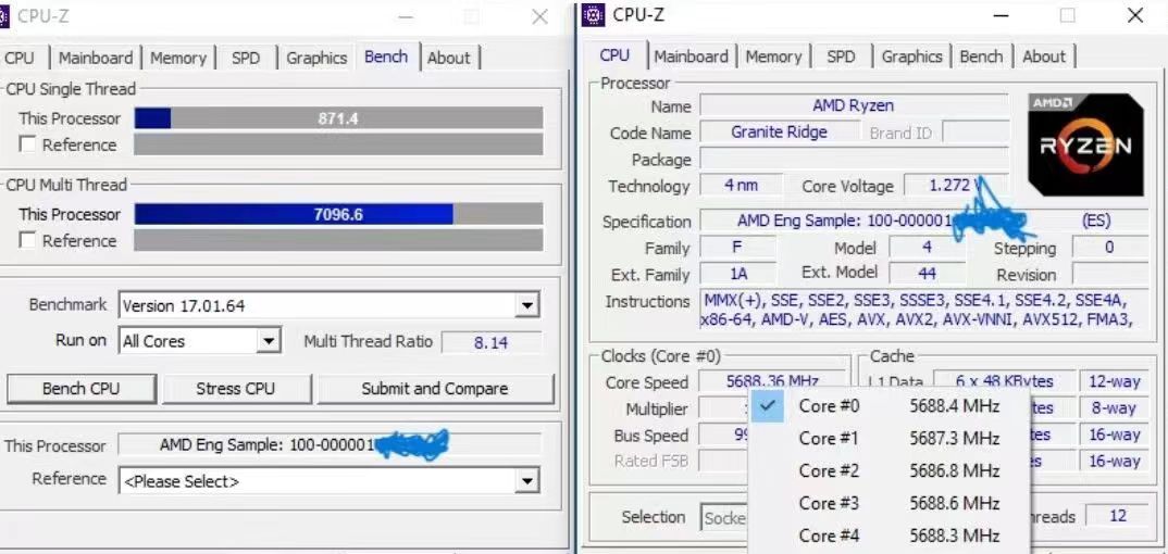 amd 锐龙 5 9600x es 工程版处理器超频成绩曝光:全核 5.7ghz、cpu-z 多核跑分提升 14% 超频表现
