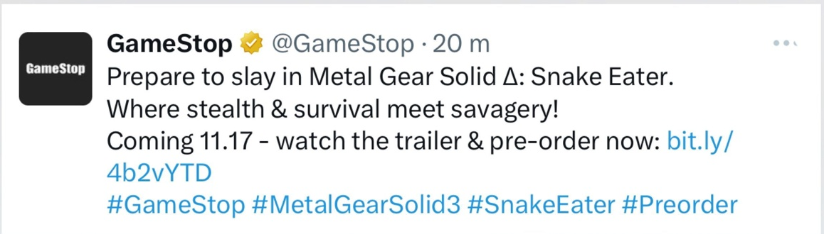 11 月 17 日发行?gamestop 预告《潜龙谍影 δ:食蛇者》游戏
