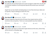 苹果 iOS 18 合作 OpenAI 惹怒马斯克:他们将出卖用户数据,考虑在公司禁止苹果设备