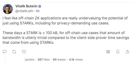 看空zksync？ v神：零知识证明应用低估了zk-starks潜力