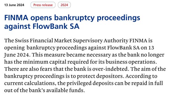 瑞士加密银行flowbank遭当地金管局宣告破产!加密货币惹祸?