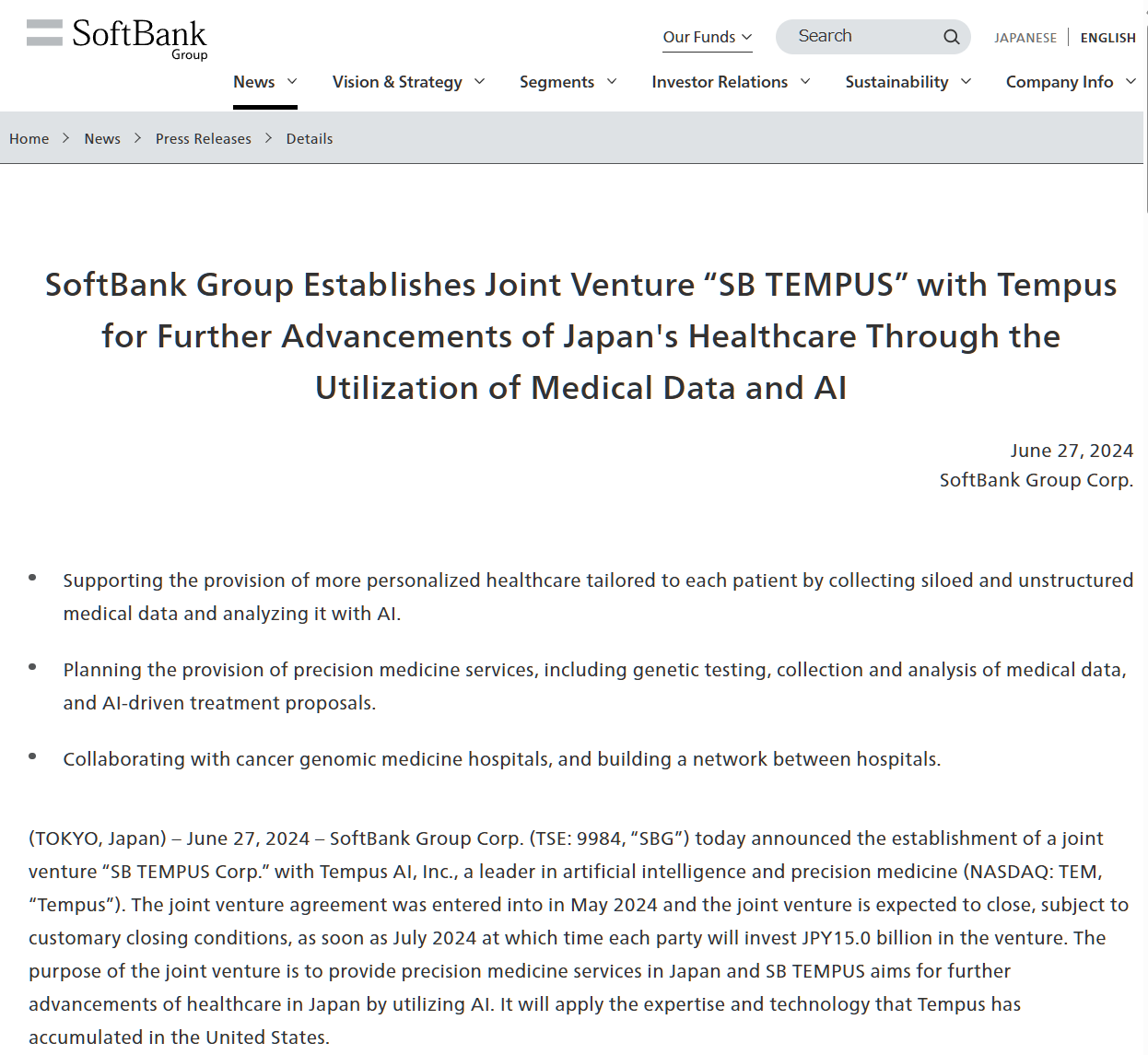 为癌症患者提供治疗方案,软银与美国医疗 it 企业 tempusai 成立合资公司