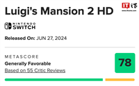 任天堂 Switch 游戏《路易吉洋楼 2 HD》发售，M 站均分 78 分