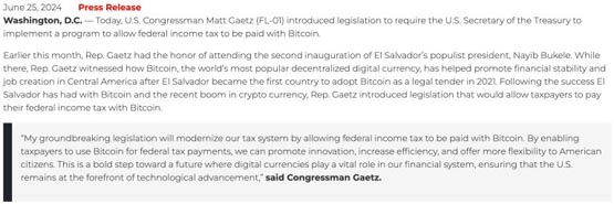 美国众议员matt gaetz提案要求国税局接受用比特币缴税