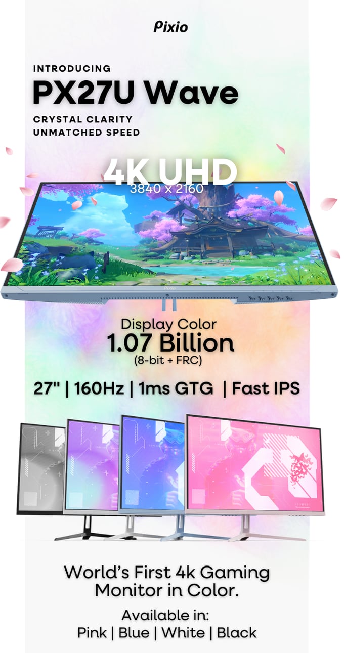 pixio 推出“全球首款彩色外壳 4k 显示器”px27u wave,160hz 刷新率 宣传海报