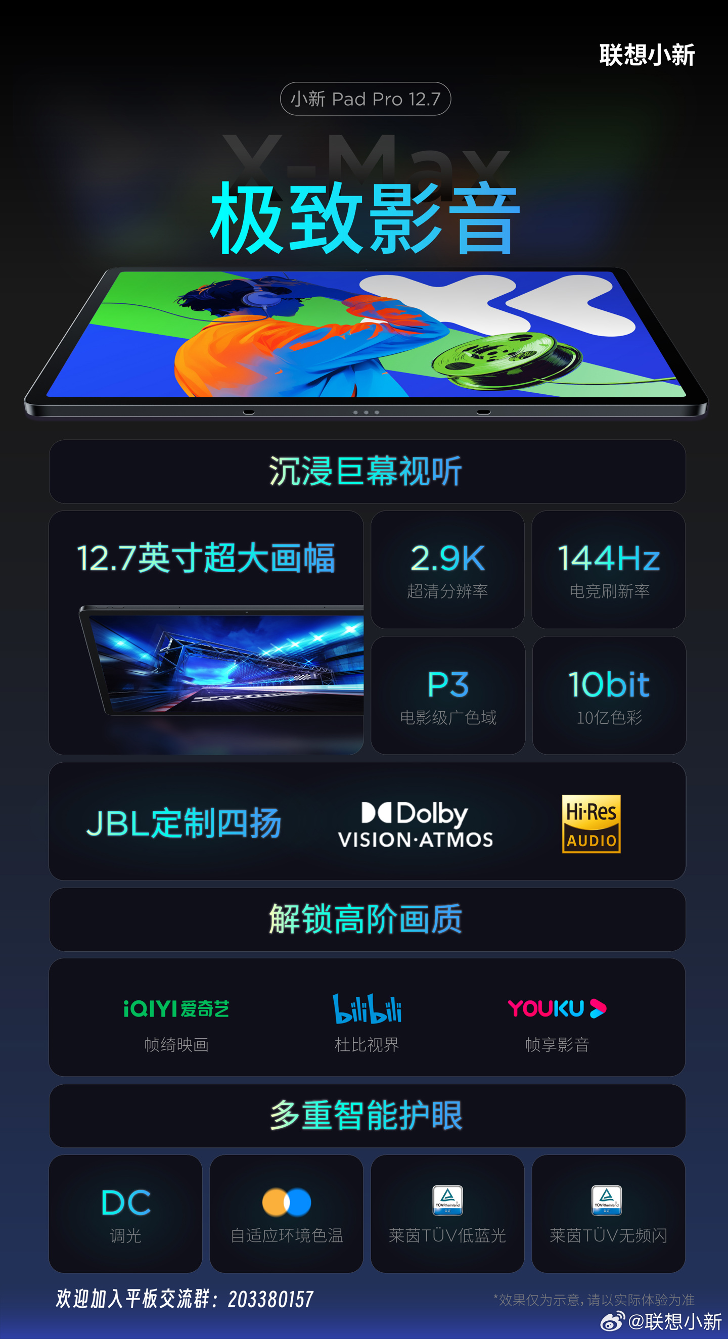 联想全新小新 pad pro 12.7 平板影音细节公布:2.9k 分辨率、10 亿色彩,本月发布