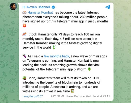 telegram创始人pavel durov：hamster kombat(仓鼠快打)即将在ton链发币