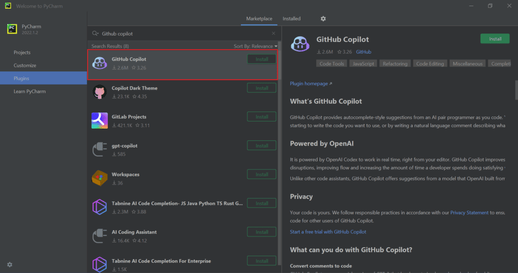 适用于 pycharm 的 github copilot