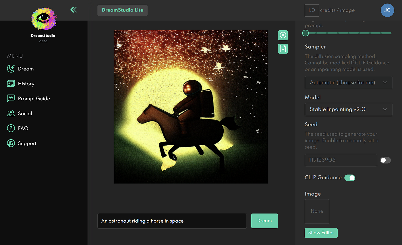 dream studio dashboard with stable diffusion 2.0 option
