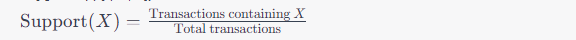 [ \text{support}(x) = \frac{\text{transactions containing } x}{\text{total transactions}} ]