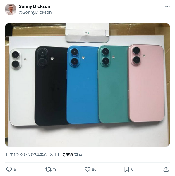 相机垂直排列,苹果 iphone 16 机模新照曝光:5 种颜色