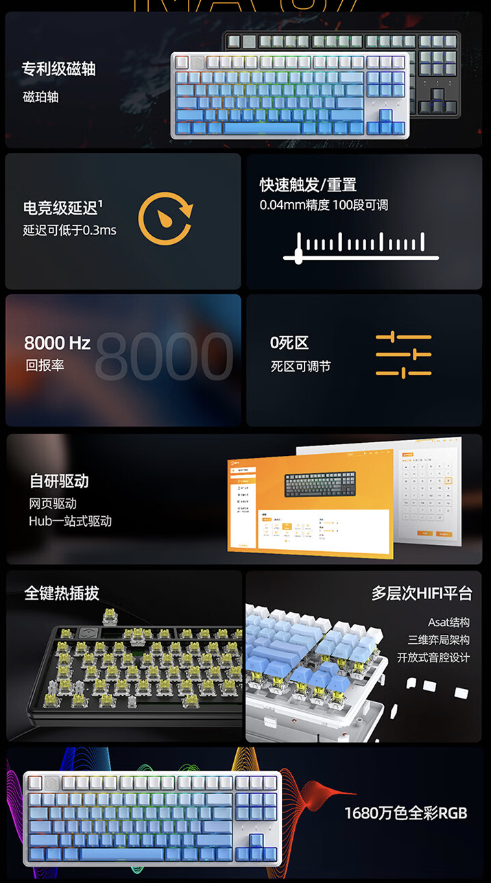 asat 结构、0.3ms 延迟:艾石头 na87 pro 侧刻键帽磁轴键盘 8 月 5 日 249 元首销