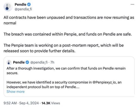 pendle衍生协议penpie遭黑客攻击！代币pnp暴跌40%