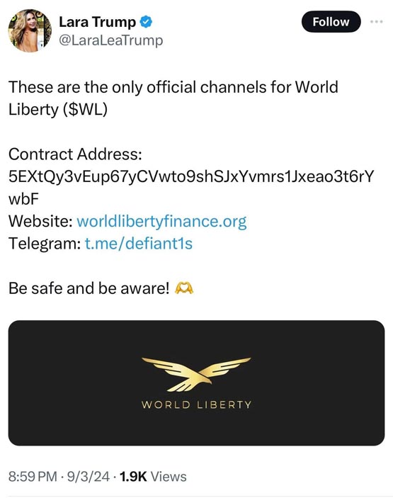 特朗普家族人员x被黑推广诈骗币wl！world liberty financial细节公开