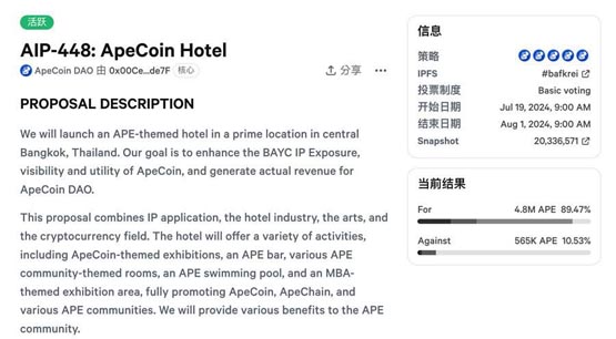 apecoindao提案在泰国曼谷开设无聊猿主题饭店！ape支付房费、赋能bayc