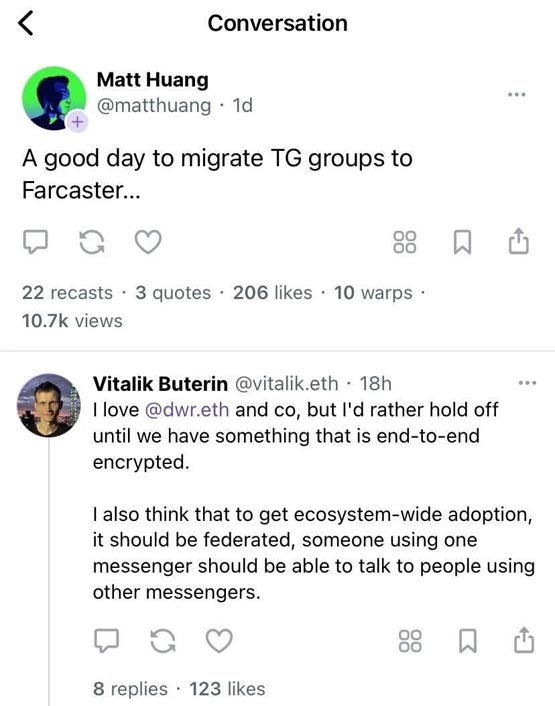 pavel durov被捕后、v神忧欧洲通讯自由：farcaster整合telegram还需时日