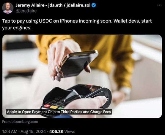苹果开放nfc使用权！circle ceo：usdc感应支付即将推出