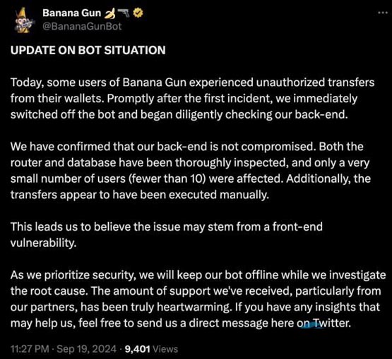 banana gun团队调查钱包被盗事件！telegram机器人已下线