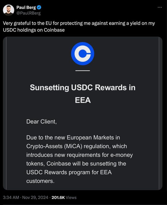 coinbase退出土耳其！受mica影响停用欧洲用户usdc收益服务