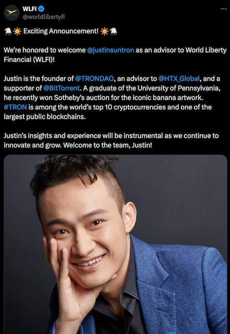world liberty financial宣布：正式聘请孙宇晨担任wlfi顾问