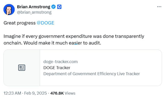 马斯克doge已帮美国省下367亿美元！coinbase ceo：财政收支必须上链